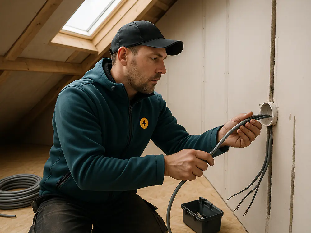 Elektricien trekt bedrading in een inbouwdoos tijdens een zolderverbouwing
