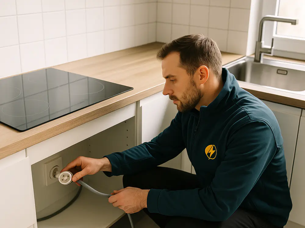 Elektricien sluit een perilexaansluiting aan onder een inductiekookplaat