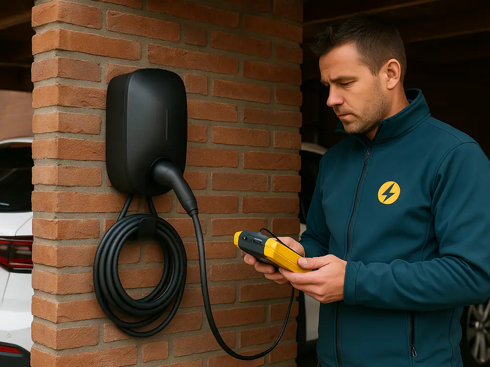Elektricien test een net geplaatste laadpaal aan de bakstenen muur onder een carport