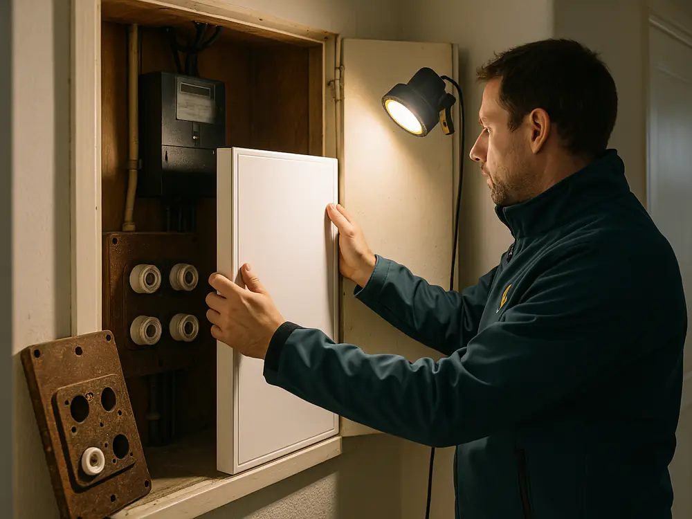 Elektricien monteert een nieuw installatiebord in een meterkast nadat het oude meterbord is weggehaald