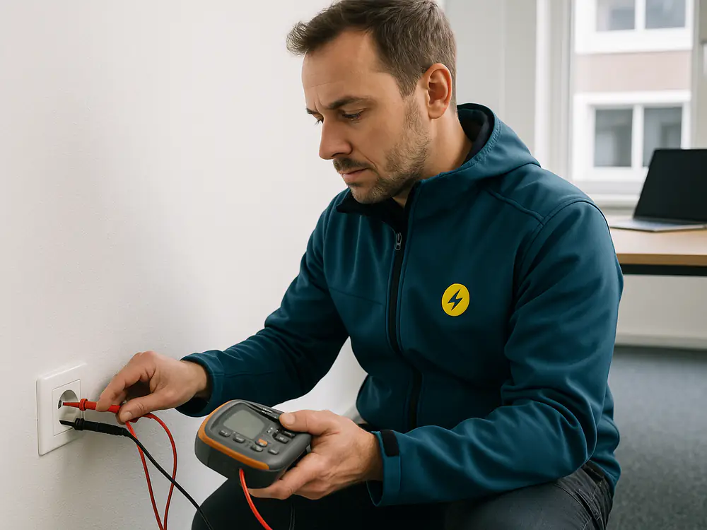 Elektricien meet een wandcontactdoos door met een installatietester in een verbouwd kantoor