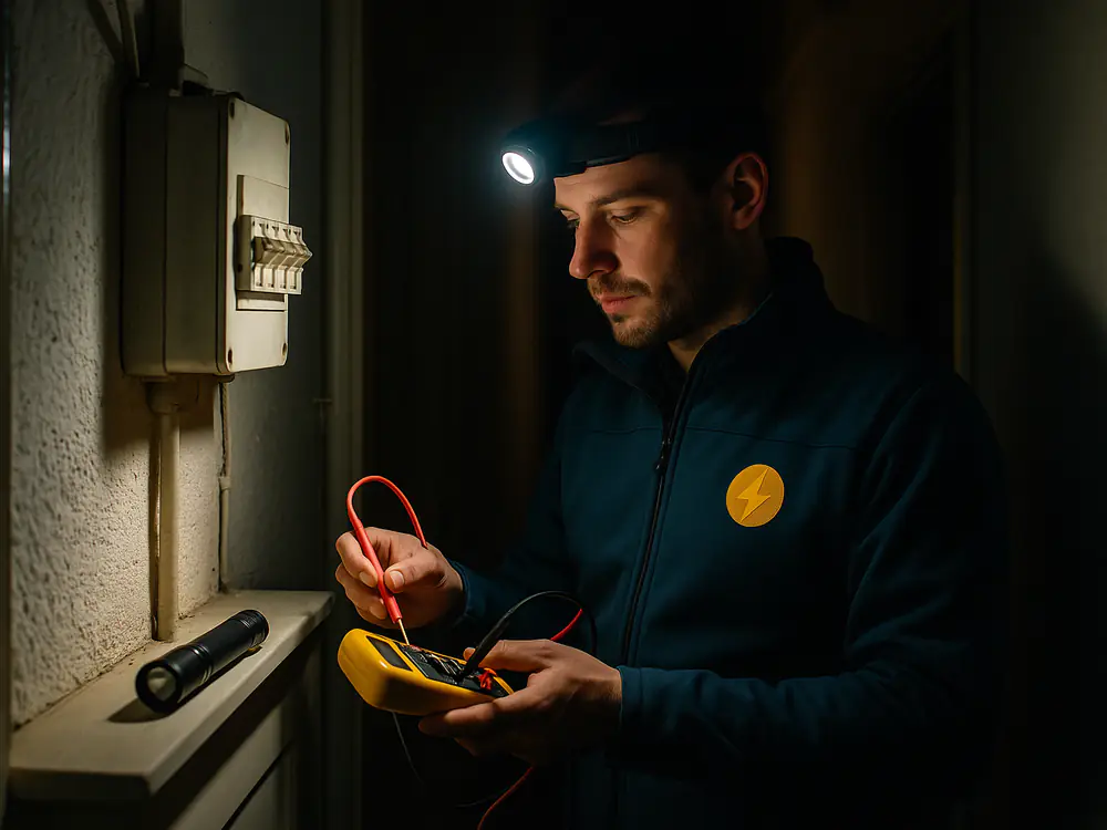 Elektricien meet met een multimeter aan een oudere groepenkast om de oorzaak van een storing te vinden