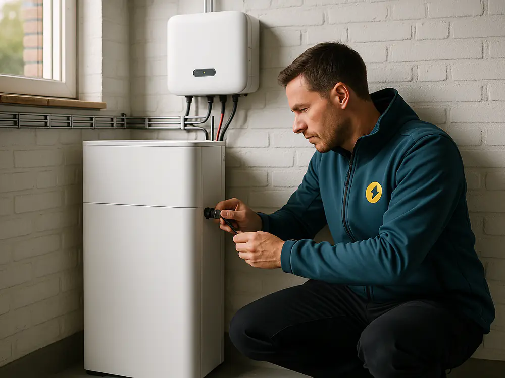 Elektricien sluit een thuisbatterij en omvormer aan in een opgeruimde garage