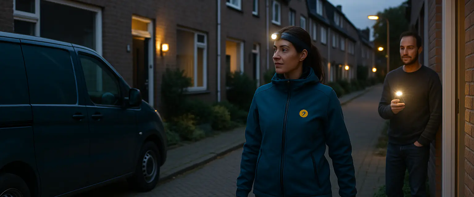 Elektricien van De Elektricien van Zoetermeer loopt in de schemering met haar gereedschapskoffer naar een woning zonder stroom
