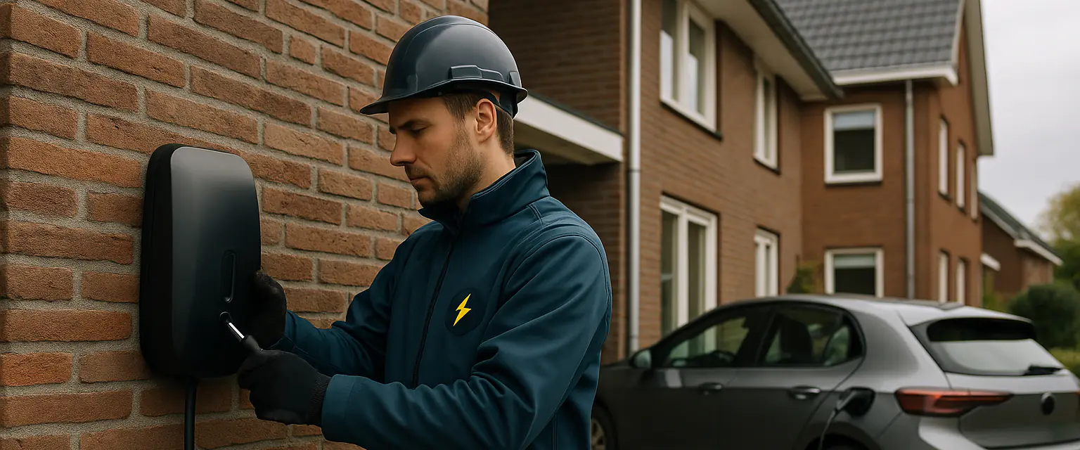 Elektricien bevestigt een laadpaal aan de muur naast de carport van een twee-onder-een-kapwoning