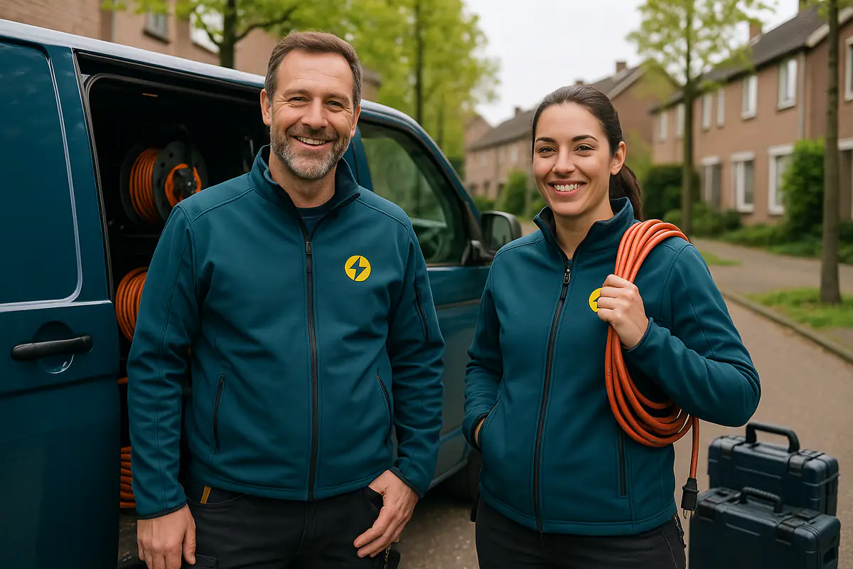 Twee elektriciens van De Elektricien van Zoetermeer bij de groene servicebus in een woonstraat