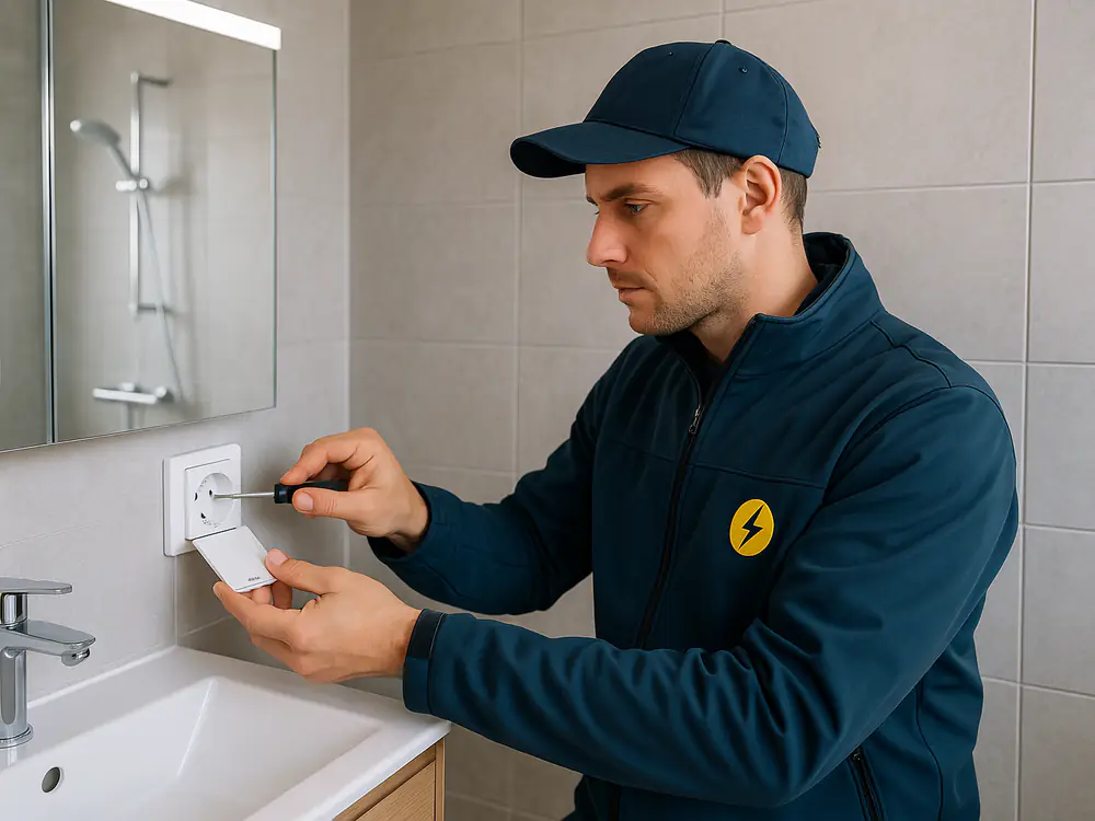 Elektricien monteert een wandcontactdoos naast de spiegelkast in een nieuwe badkamer, ver van de douche