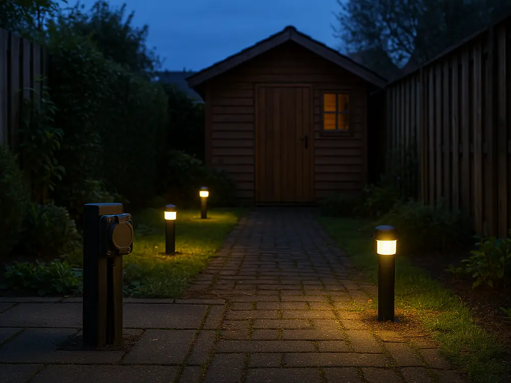 Achtertuin in de avond met tuinverlichting langs het pad en een buitenstopcontact op een paaltje bij het terras